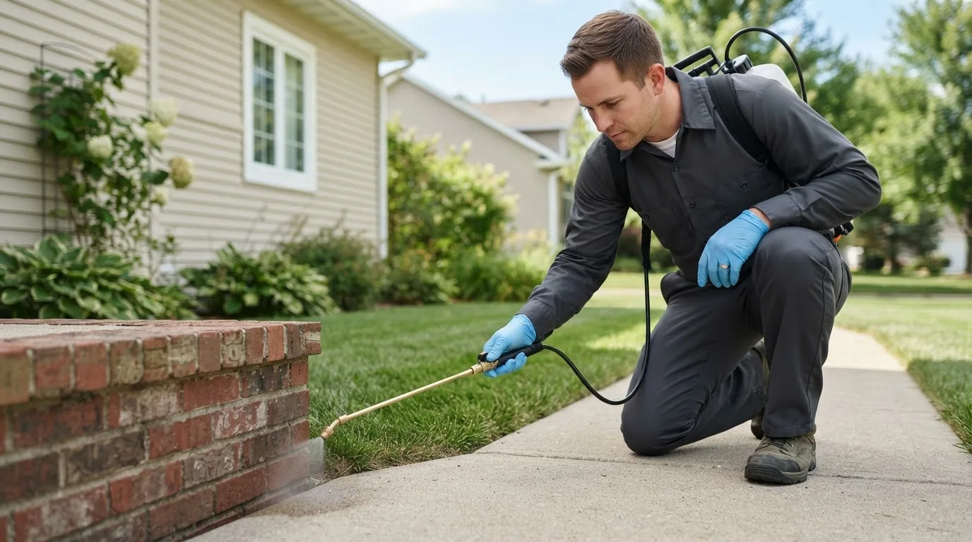 Pest control technician treating a home near Marcola, OR